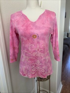 Y2k Women's Pink Top Blouse  3/4 Sleeve Decorative Tee
